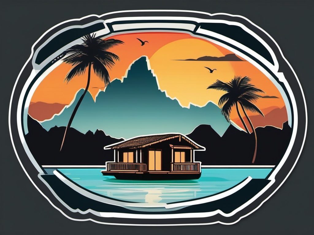 Bora Bora sticker- Polynesian paradise with overwater bungalows, , sticker vector art, minimalist design