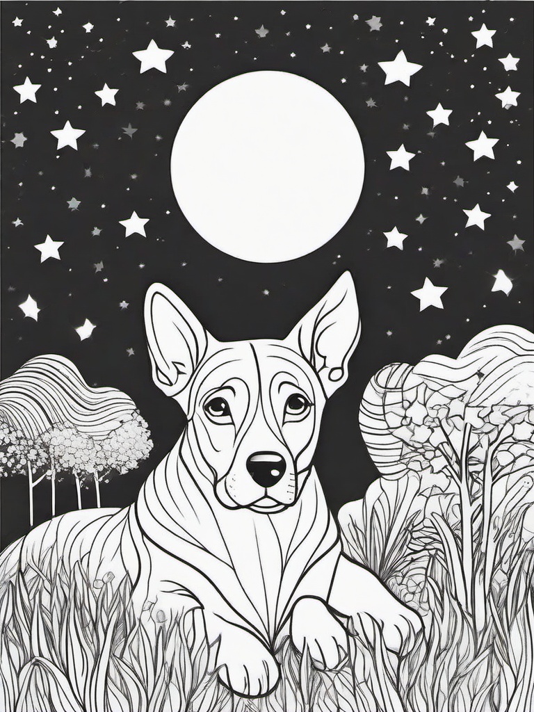 Dog and Stars Coloring Pages - Dreamy Scene of Dog Under the Night Sky  minimal black outline printable sheet, coloring page