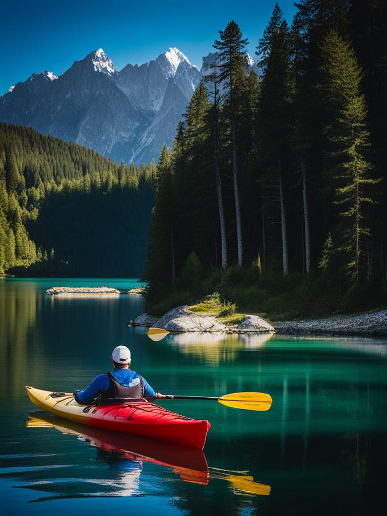 scenic eibsee kayaking - paint a serene scene of kayaking on the crystal-clear waters of eibsee, with the zugspitze in the background. 