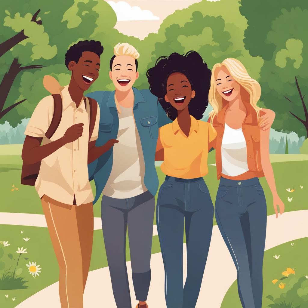 friends clipart: laughing together in a lively park. 