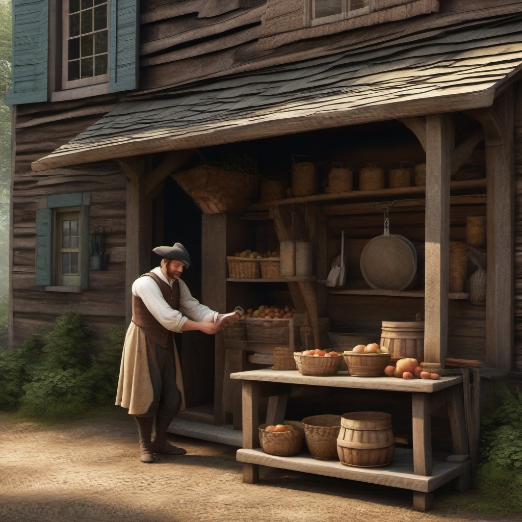 18th Century Poor Man's New England village store  draw in realism style