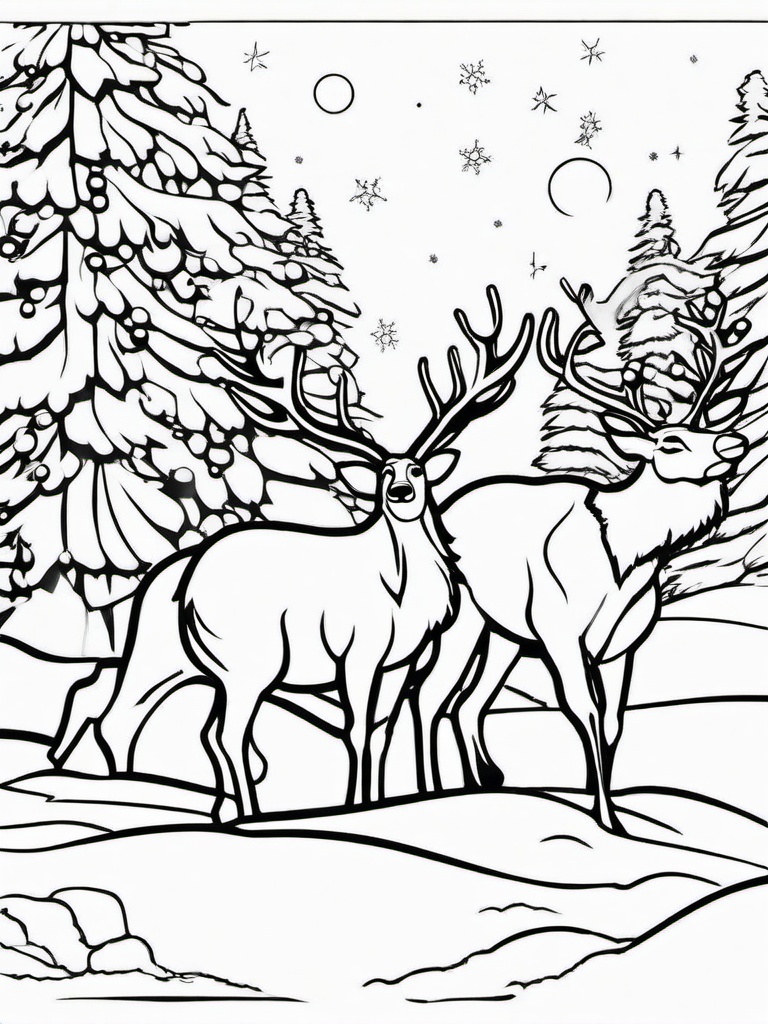 Santa and Reindeer on Snowy Night Coloring Pages - Christmas Eve Journey Begins  minimal black outline printable sheet, coloring page