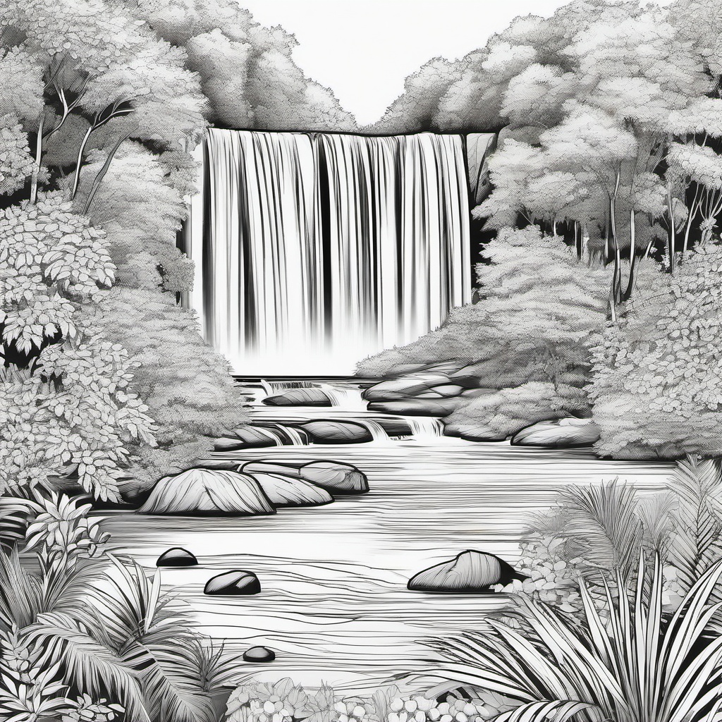 Summer Coloring Pages - Scenic view of a waterfall surrounded by lush greenery  simple coloring pages