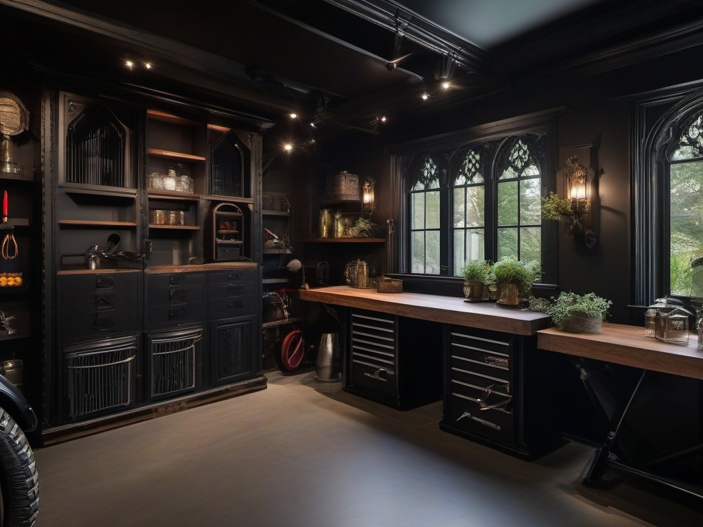 The garage features Gothic interior design with vintage tools, dark storage systems, and intricate details that make the space both functional and visually appealing.  