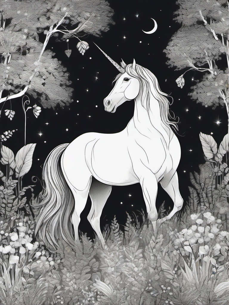 drawing of a unicorn in a mystical garden  minimal rough sketch scribbles,doodles,black and white