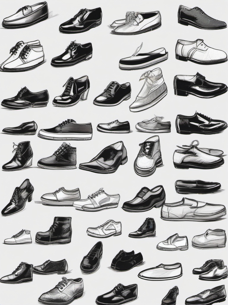 drawing of various types of shoes  minimal rough sketch scribbles,doodles,black and white