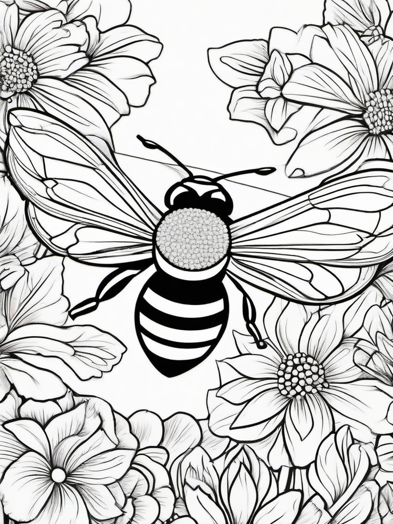 Bumblebee Coloring Pages - Bee with sparkly wings flying over flowers  simple coloring pages