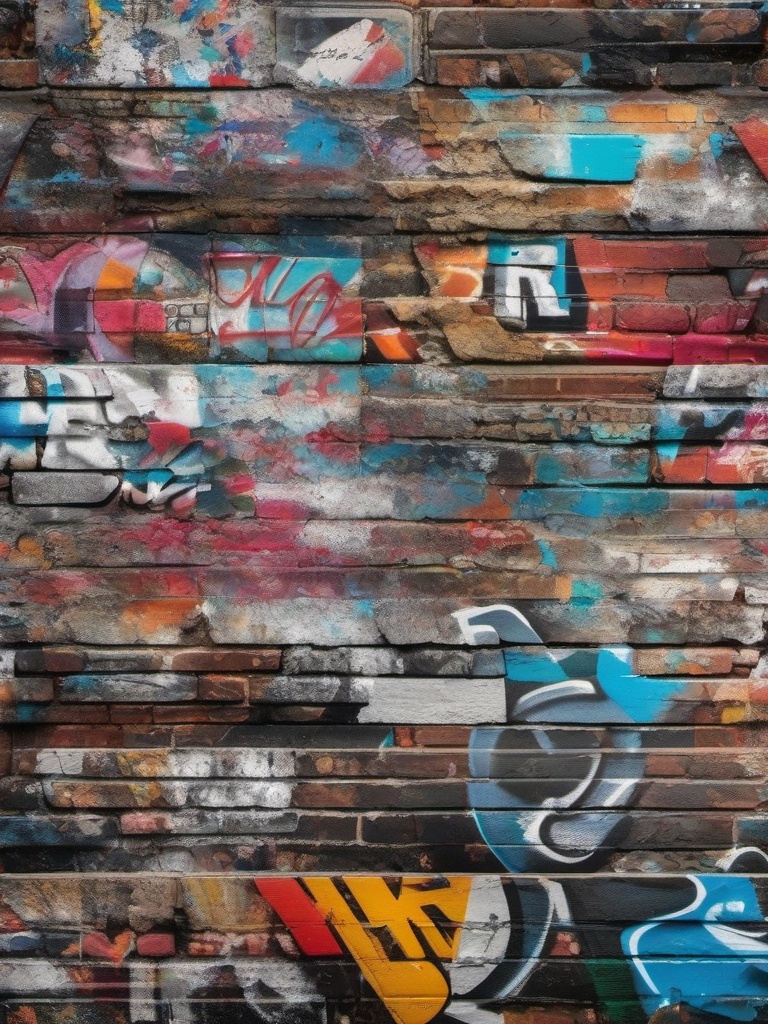 Graffiti wall with a collage of images, collages, and textures top view, product photoshoot realistic background, hyper detail, high resolution