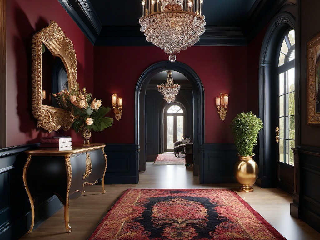 Baroque entryway embraces rich colors, ornate details, and luxurious finishes that create a dramatic and sophisticated first impression.  