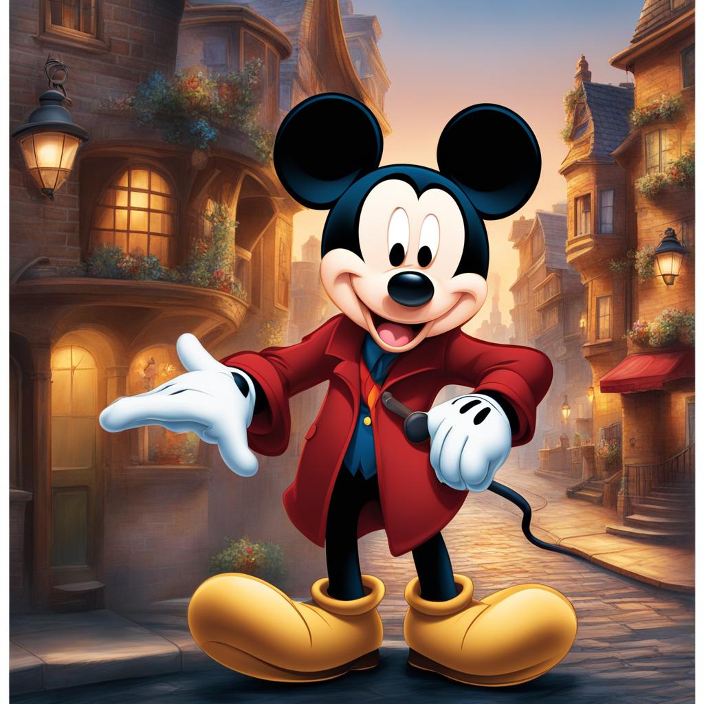 mickey mouse clipart - mickey mouse as a detective, solving mysteries in a whimsical animated cityscape 