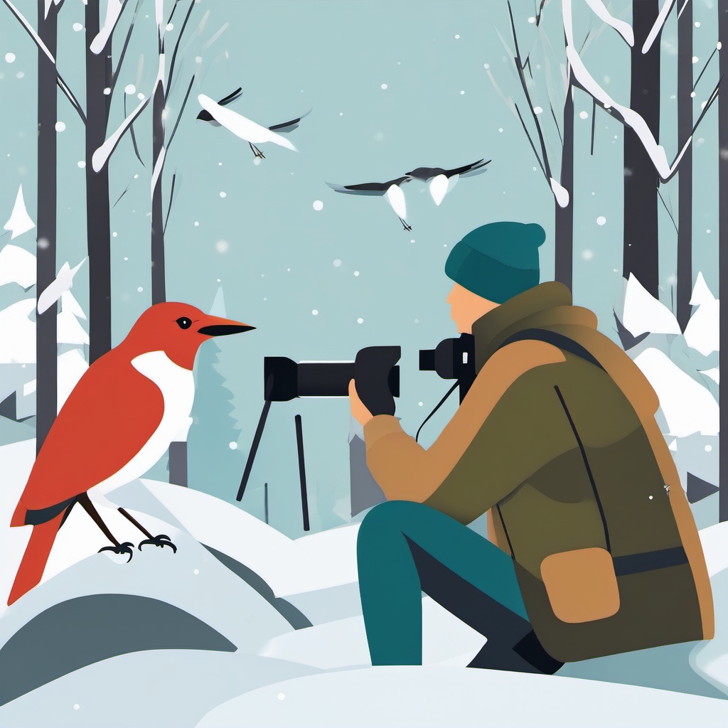 Winter Birdwatching clipart - Birdwatching in a winter forest, ,vector color clipart,minimal