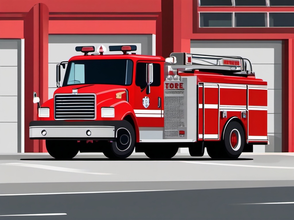 Fire Truck clipart - fire truck parked at a fire station  color,minimalist,vector clipart