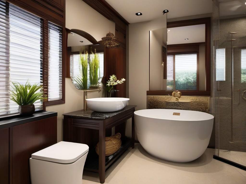 Asian Fusion small bathroom blends practical design with decorative elements inspired by various Asian cultures for a tranquil space.  