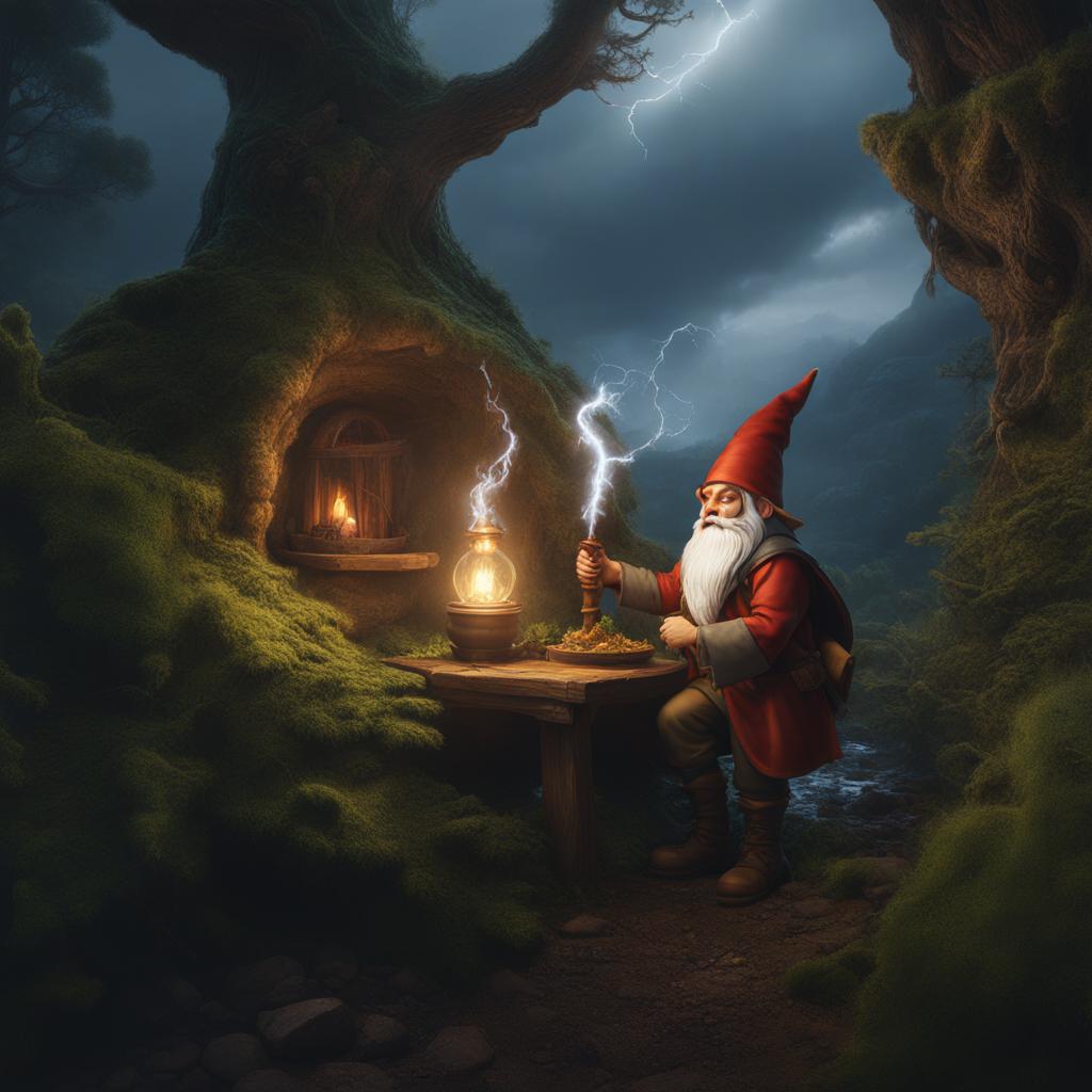 gnome wizard,thistlewick copperpot,conjouring a magical storm,protecting their forest home detailed matte painting, deep color, fantastical, intricate detail, splash screen, complementary colors, fantasy concept art, 8k resolution trending on artstation unreal engine 5