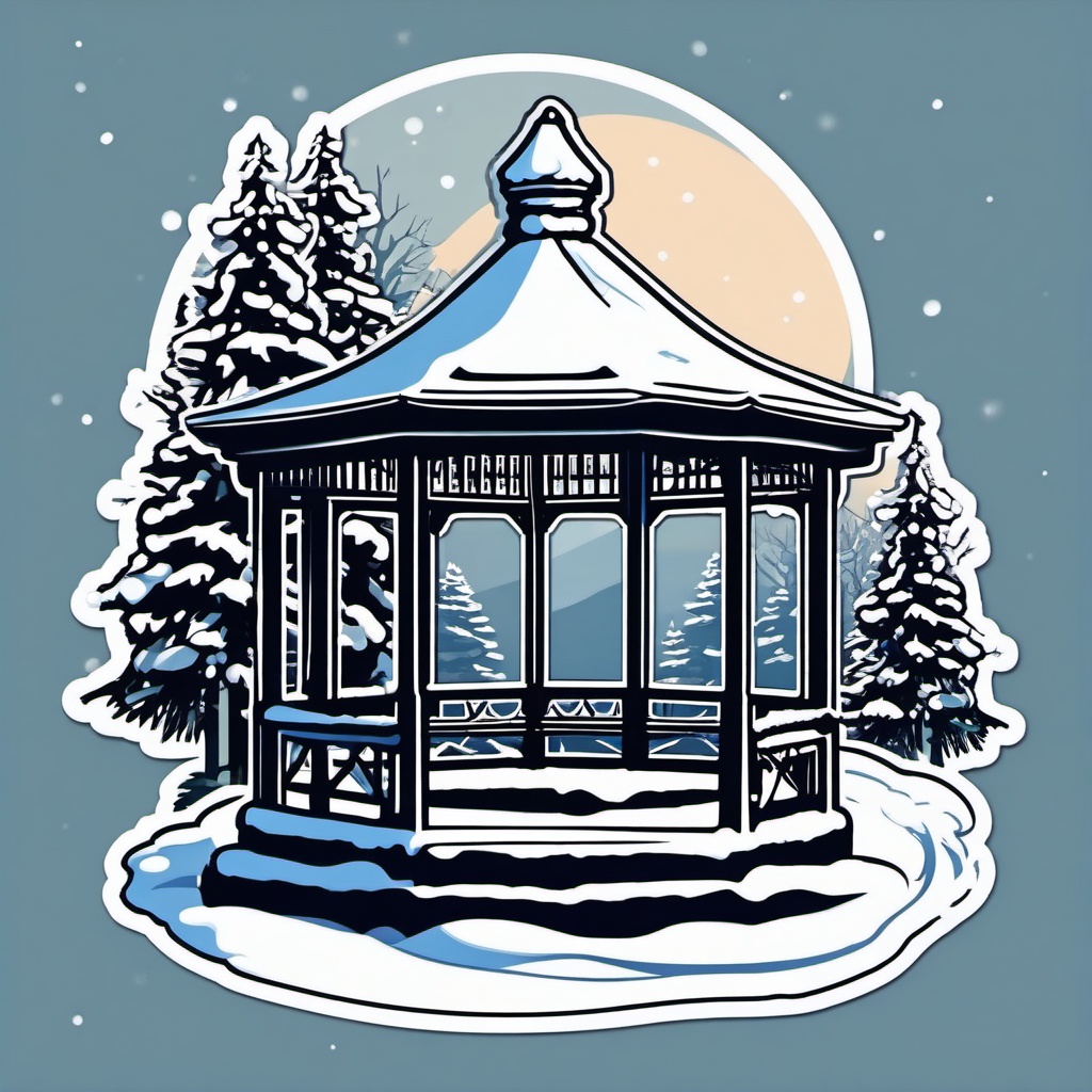 Snow-covered gazebo sticker- Winter tranquility, , sticker vector art, minimalist design