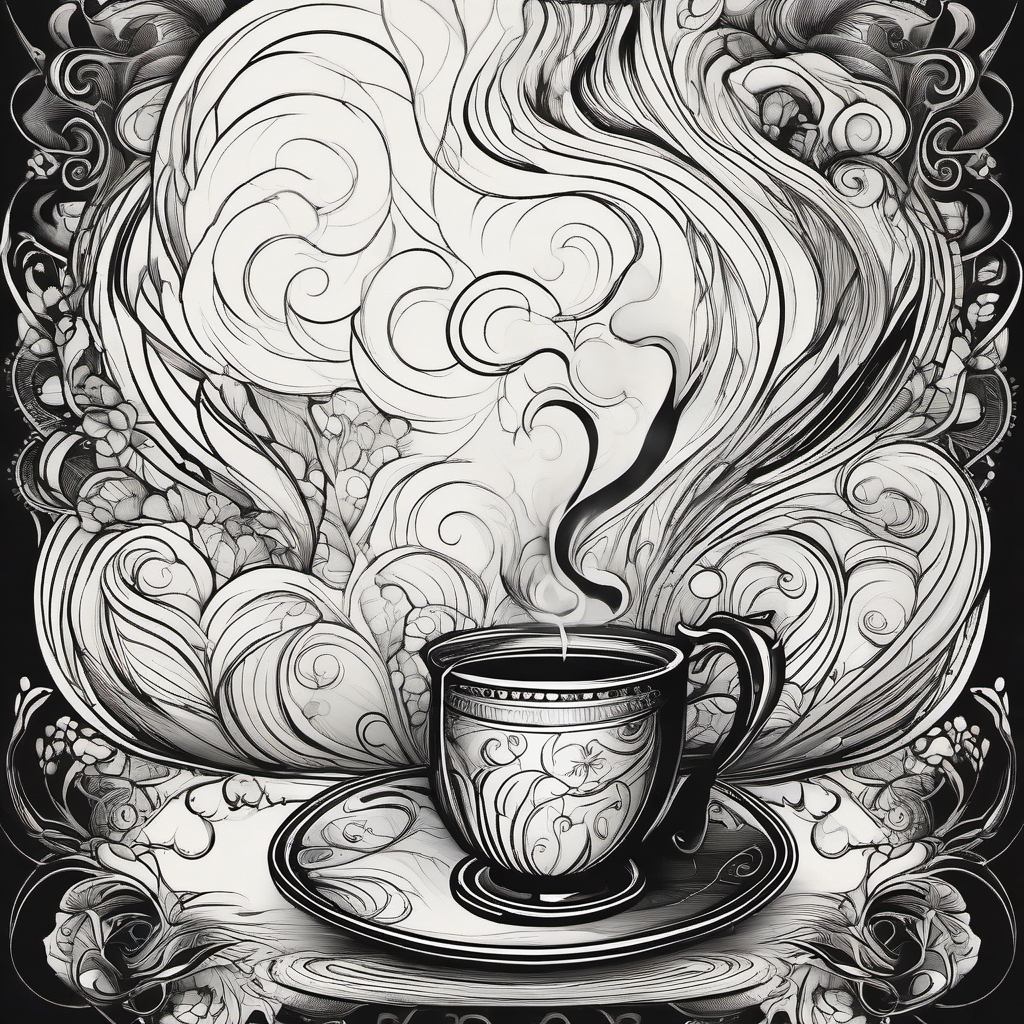 Steam rising from cup ink: Tranquil warmth in delicate lines.  black and white tattoo style