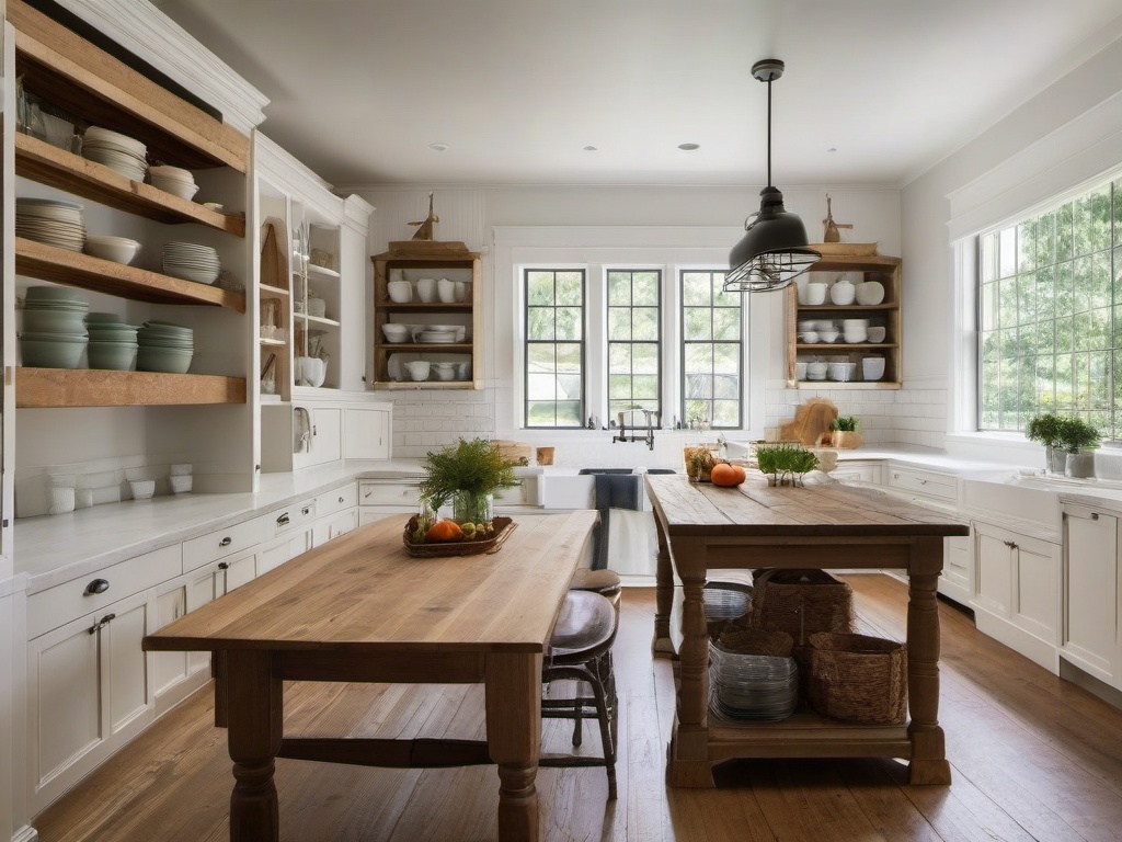 Farmhouse kitchen features a large wooden dining table, open shelving, and a vintage farmhouse sink for a charming country feel.  