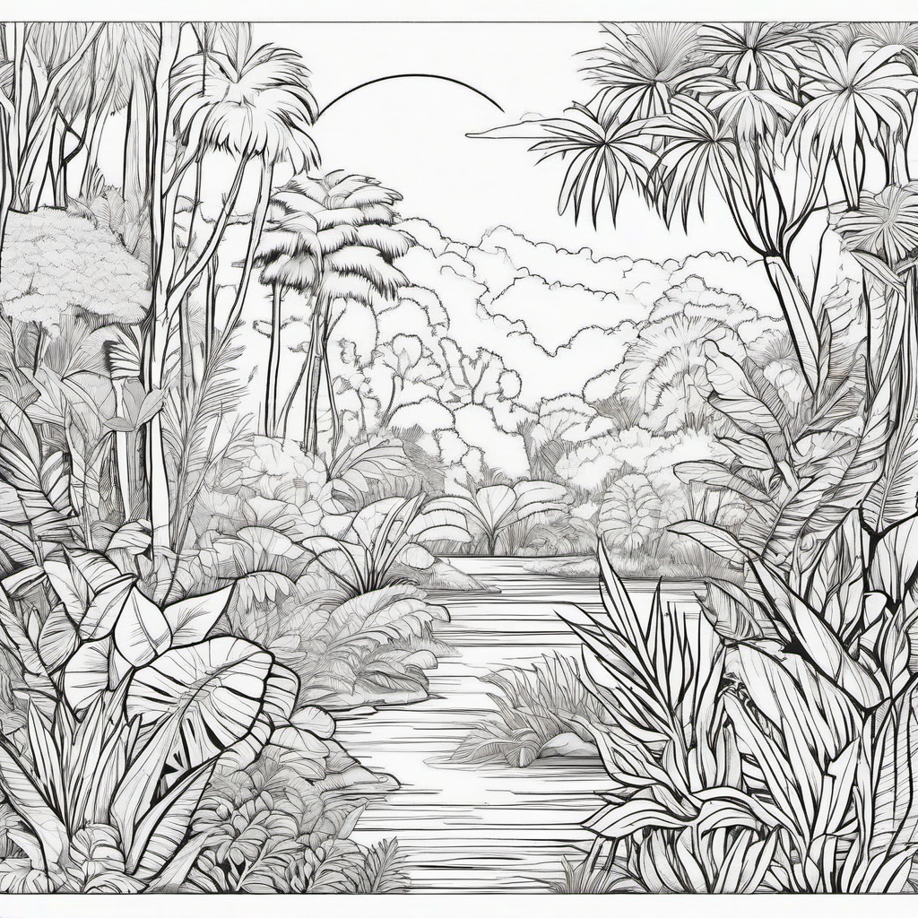 Rainforest with exotic plants and animals  simple coloring pages