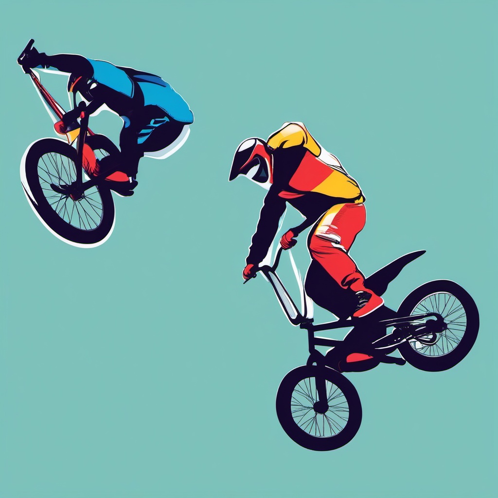 BMX Stunt Riding Airborne Clipart - BMX riders going airborne while performing stunts.  color vector clipart, minimal style