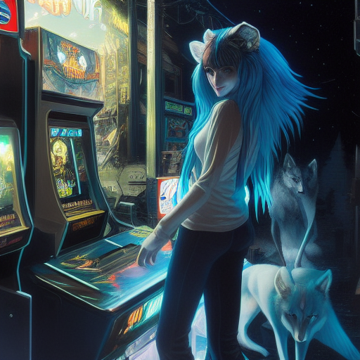 environmental wide shot of a chaotic arcade at night playing an arcade game; woman with long white messy hair, wolf ears, wolf tail, human head, hoodie, tie, blue eyes; by Hajime Sorayama, Greg Tocchini, Virgil Finlay, sci-fi, line art, Environmental arcade art