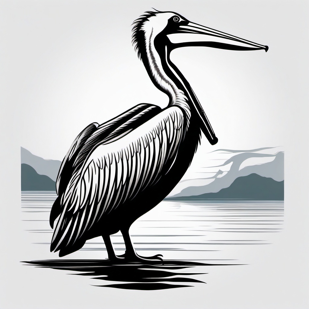 Pelican Tattoo - Pelican standing by water  minimalist tattoo design, white background