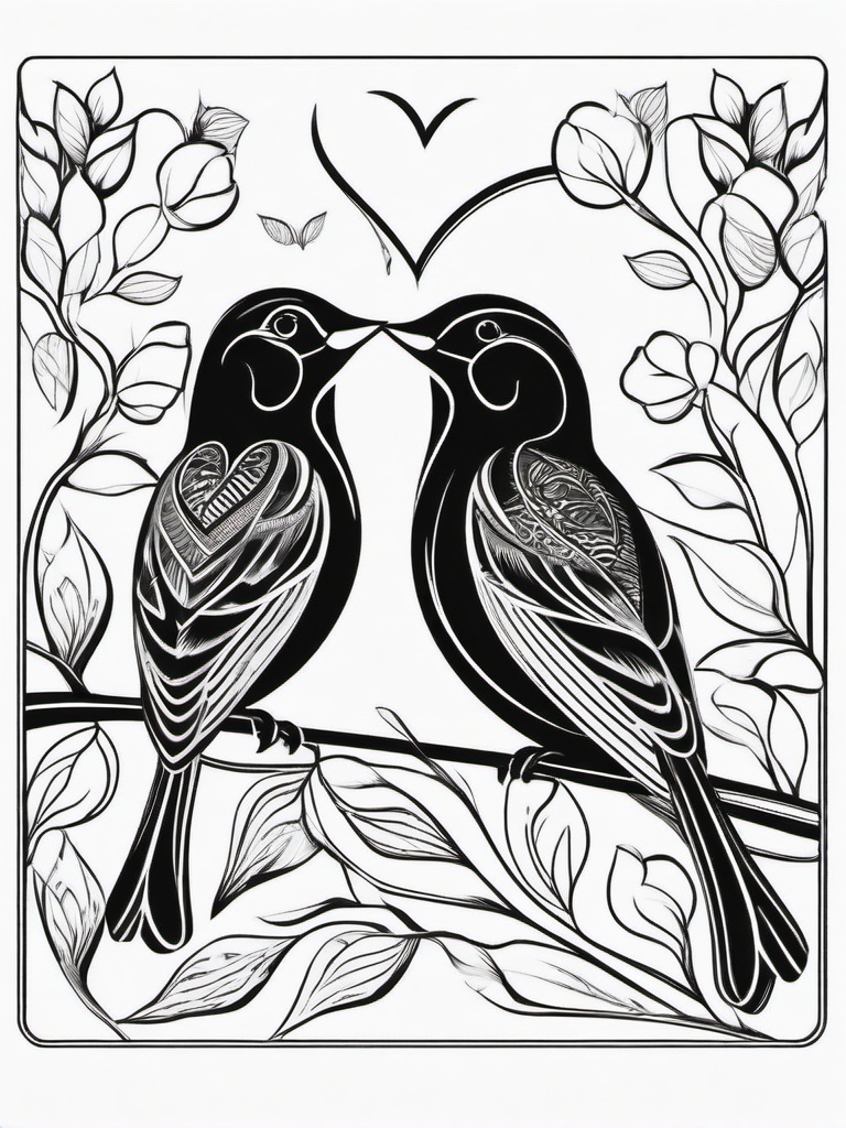 Hearts and Love Birds Coloring Pages - Adorable Love Birds with Heart Designs  minimal black outline printable sheet, coloring page