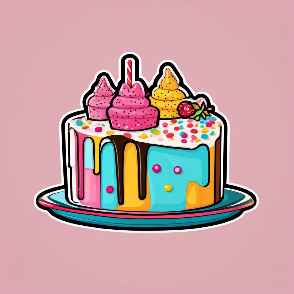 Cake Slice with Sprinkles Sticker - Delicious cake slice covered in colorful sprinkles, ,vector color sticker art,minimal