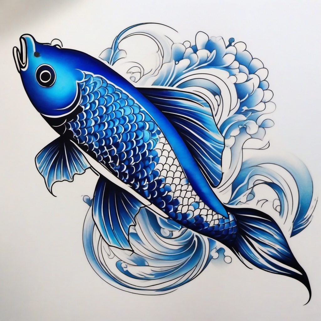 Blue Koi Fish Tattoo,a striking blue koi fish tattoo, signifying tranquility and aspiration. , color tattoo design, white clean background