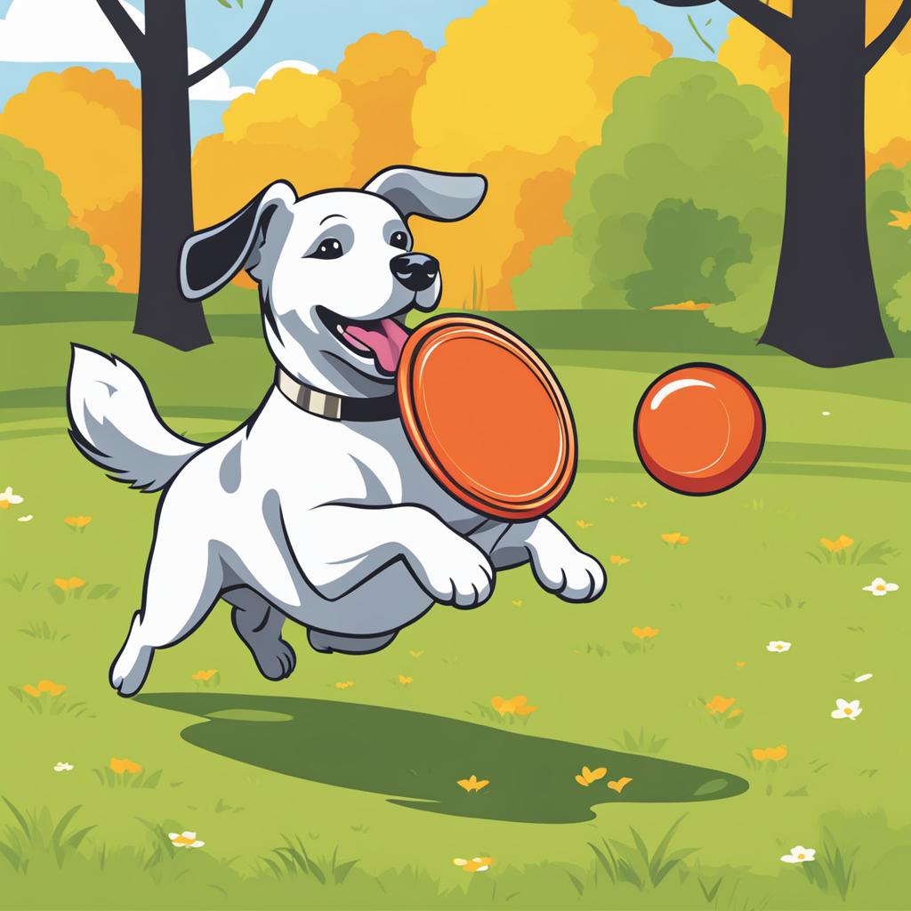 dog clip art: chasing a frisbee in a sunny park. 