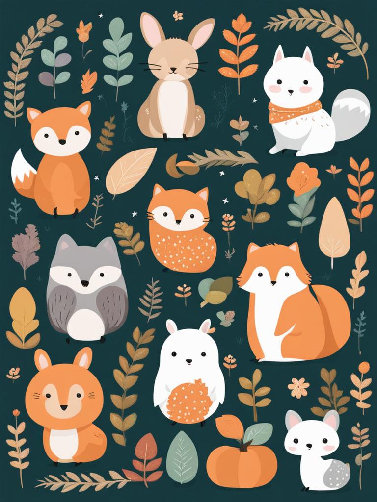 cute clipart: adorable creatures in a whimsical forest. 