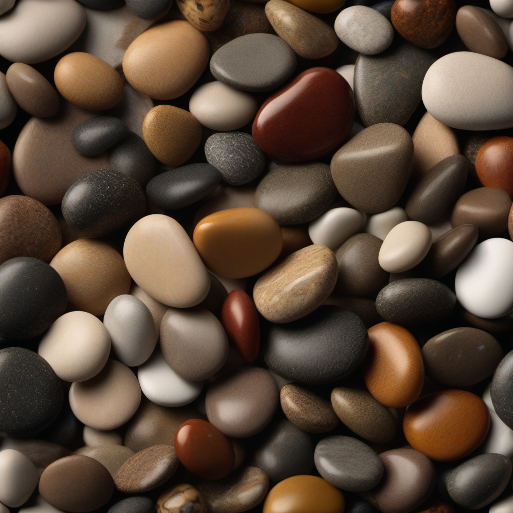 Pebbles with a tumbled finish and a blend of earthy hues top view, product photoshoot realistic background, hyper detail, high resolution