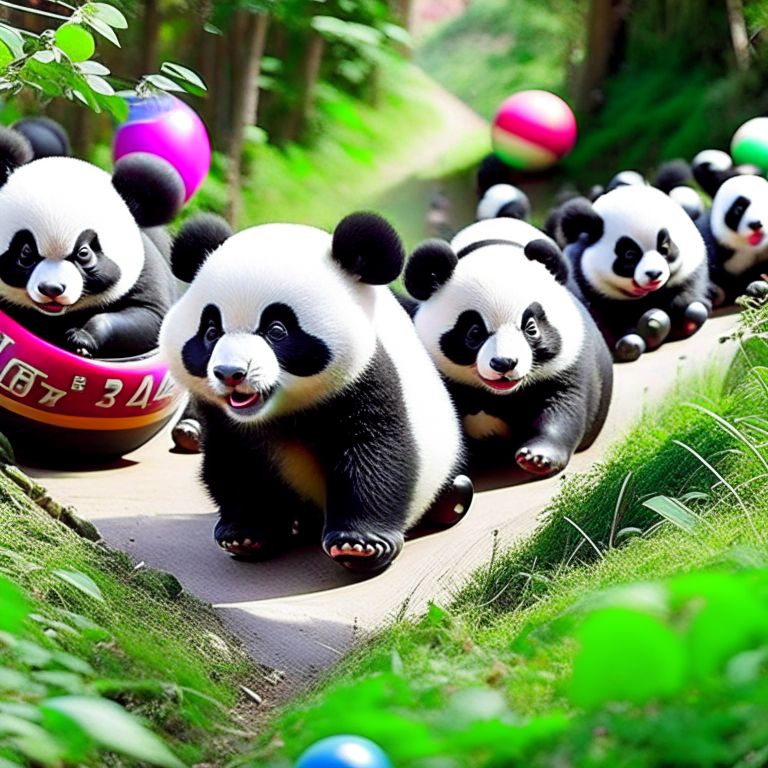 pandas hosting a 'rolling downhill' race, tumbling like furry bowling balls. 