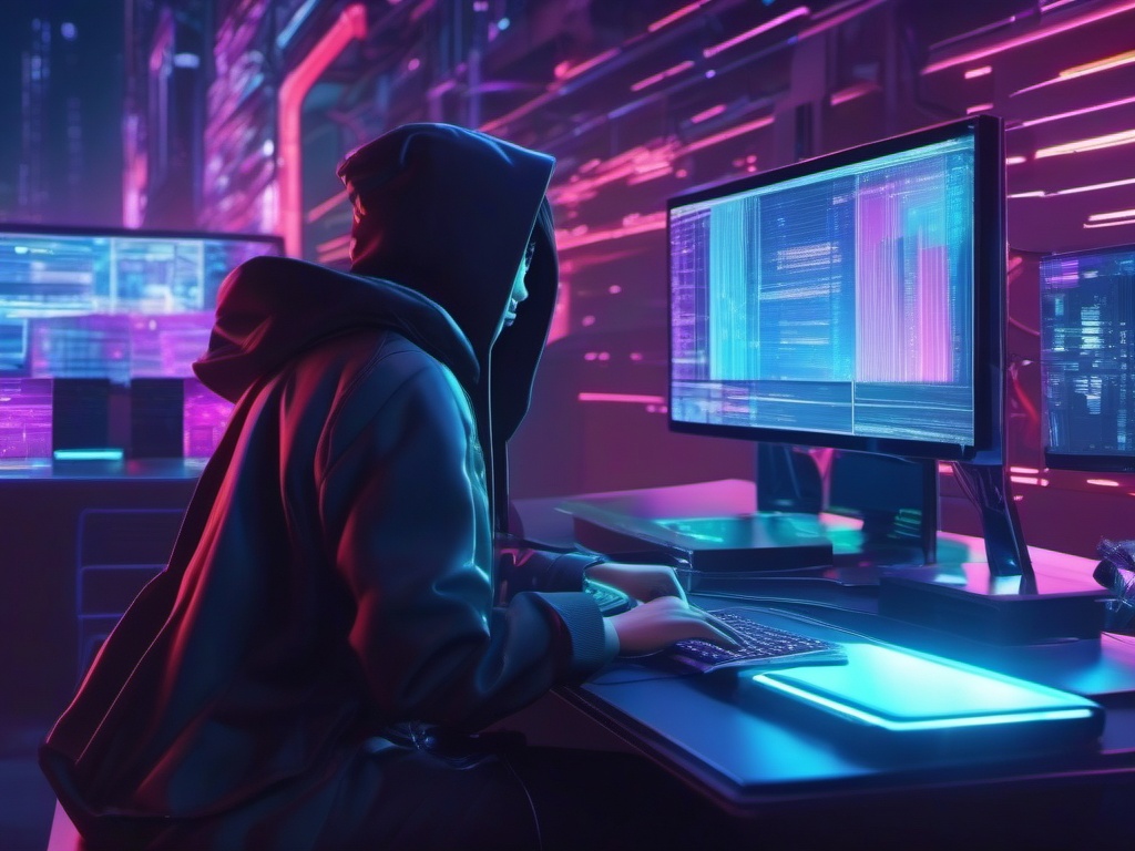 Futuristic cyber-hacker and tech-savvy hacker friend, in a digital realm, infiltrating virtual systems and unlocking hidden secrets, as a matching pfp for friends. wide shot, cool anime color style