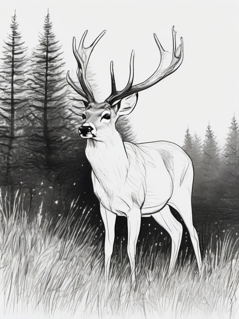 drawing of a deer in a clearing  minimal rough sketch scribbles,doodles,black and white