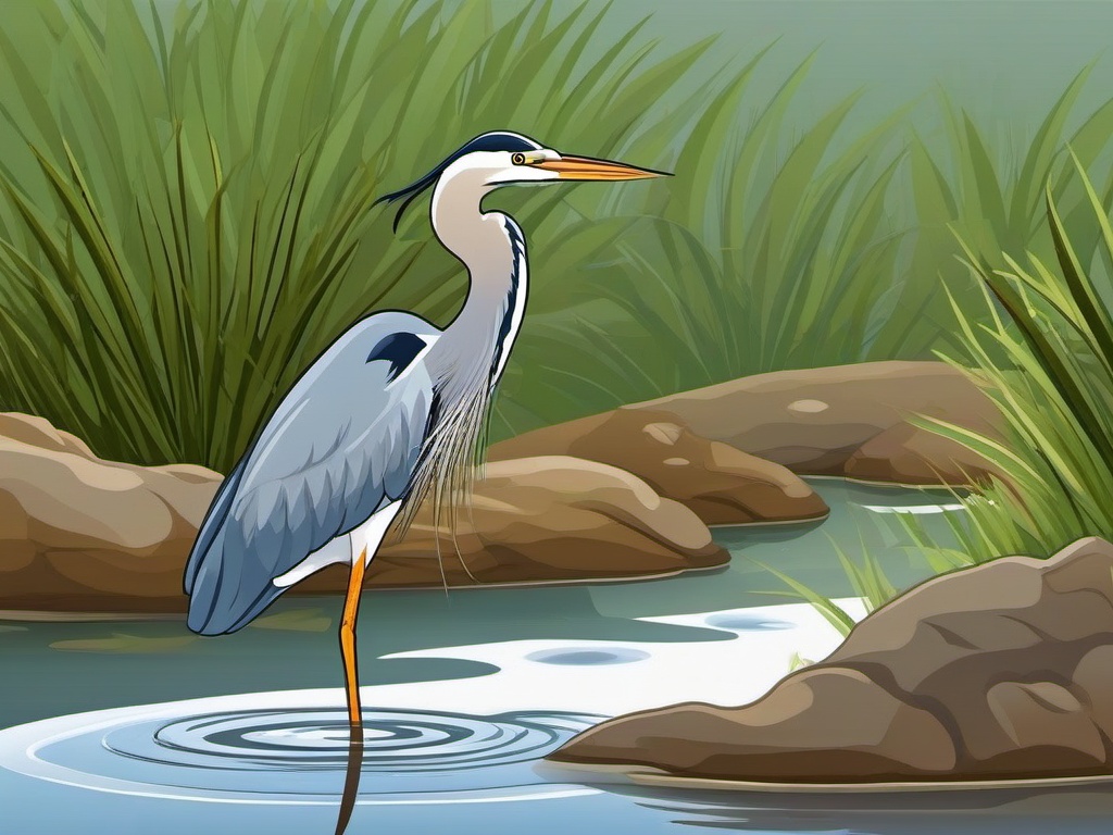 Heron Cartoon - Cartoon of heron fishing in shallow water  