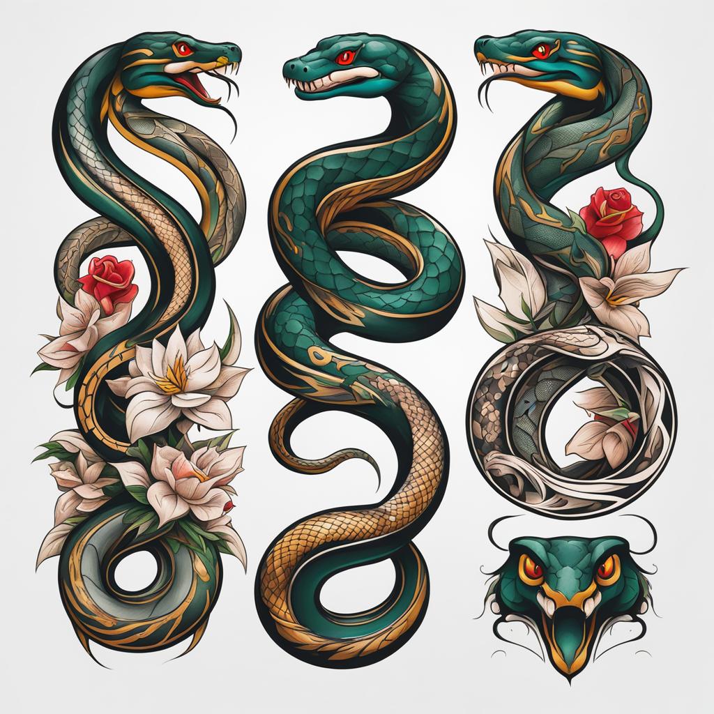 Snake symbol tattoo, Tattoos featuring snakes as powerful symbols of various concepts. colors, tattoo patterns, clean white background