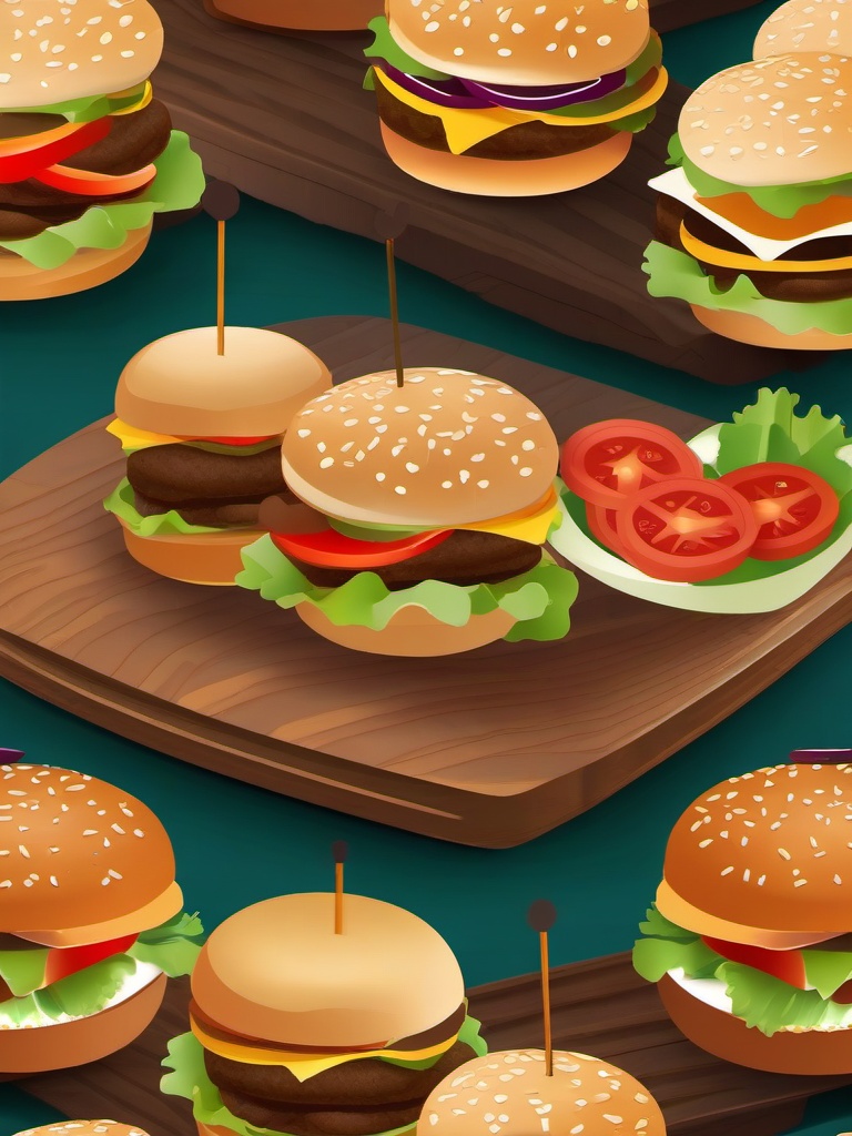 Hamburger clipart - mini sliders served on a wooden platter  color,minimalist,vector clipart