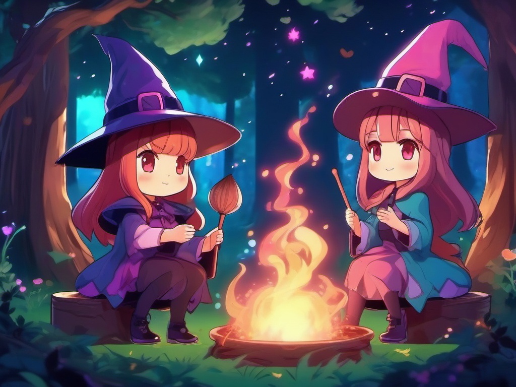 Kawaii anime witch and magical witch companion, with pointed hats and bubbling cauldrons, conjuring colorful spells in a magical forest, as a matching pfp for friends. wide shot, cool anime color style