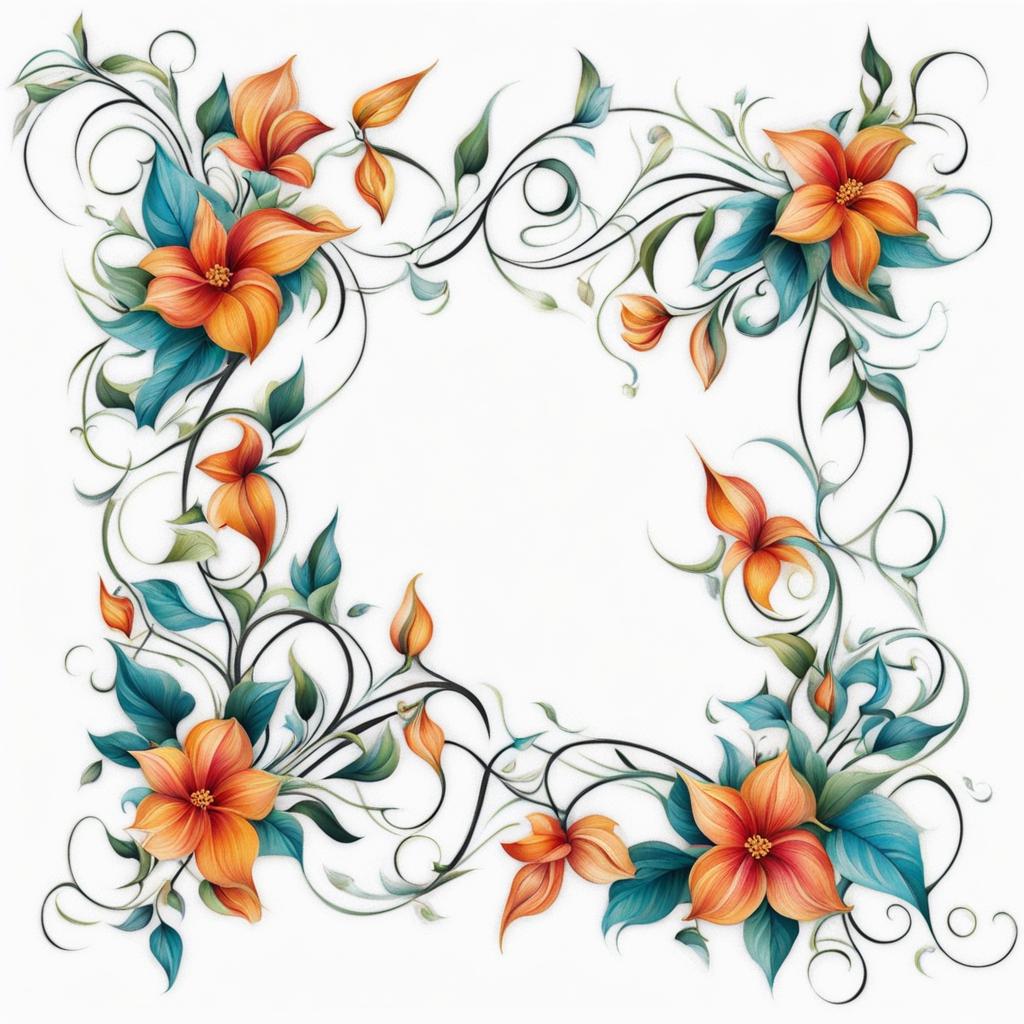 Floral vine tattoo, Elegant tattoos featuring vines adorned with floral elements.  vivid colors, white background, tattoo design