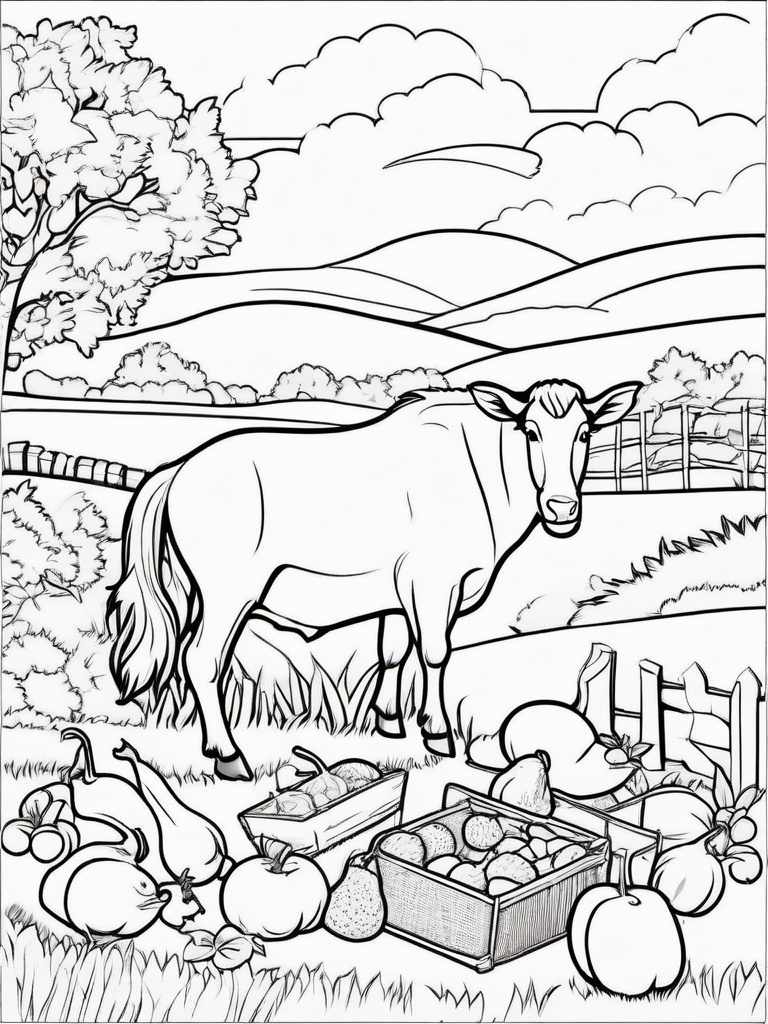 Farm Animal Coloring Pages - Farm animals having a picnic on a sunny day  simple coloring pages