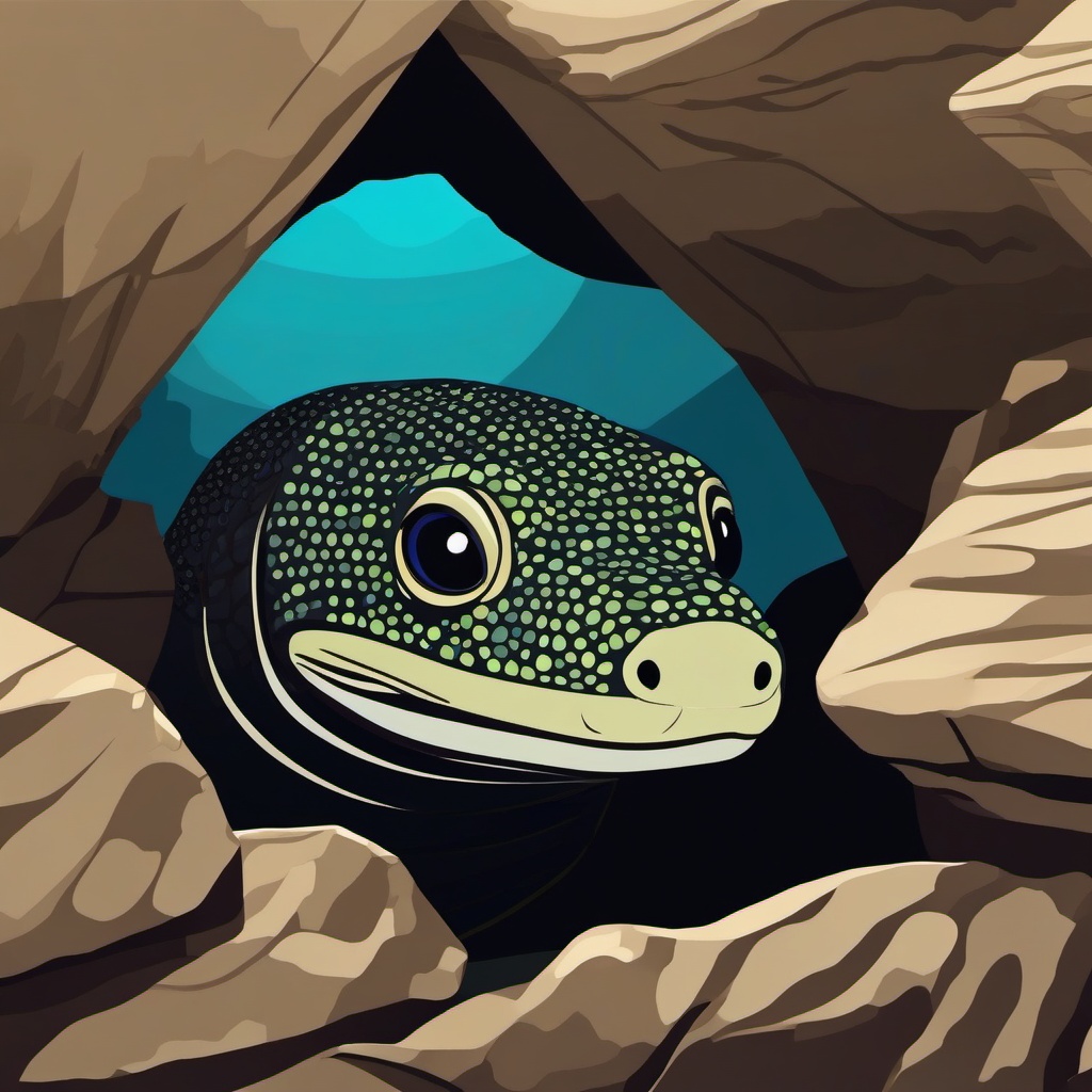 Moray Eel Clipart - Moray Eel peeking out from a rocky den , minimal, 2d