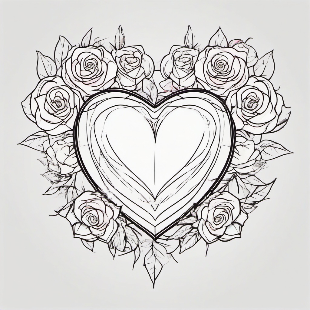 Heart Tattoo - A delicate heart tattoo surrounded by roses  few color tattoo design, simple line art, design clean white background