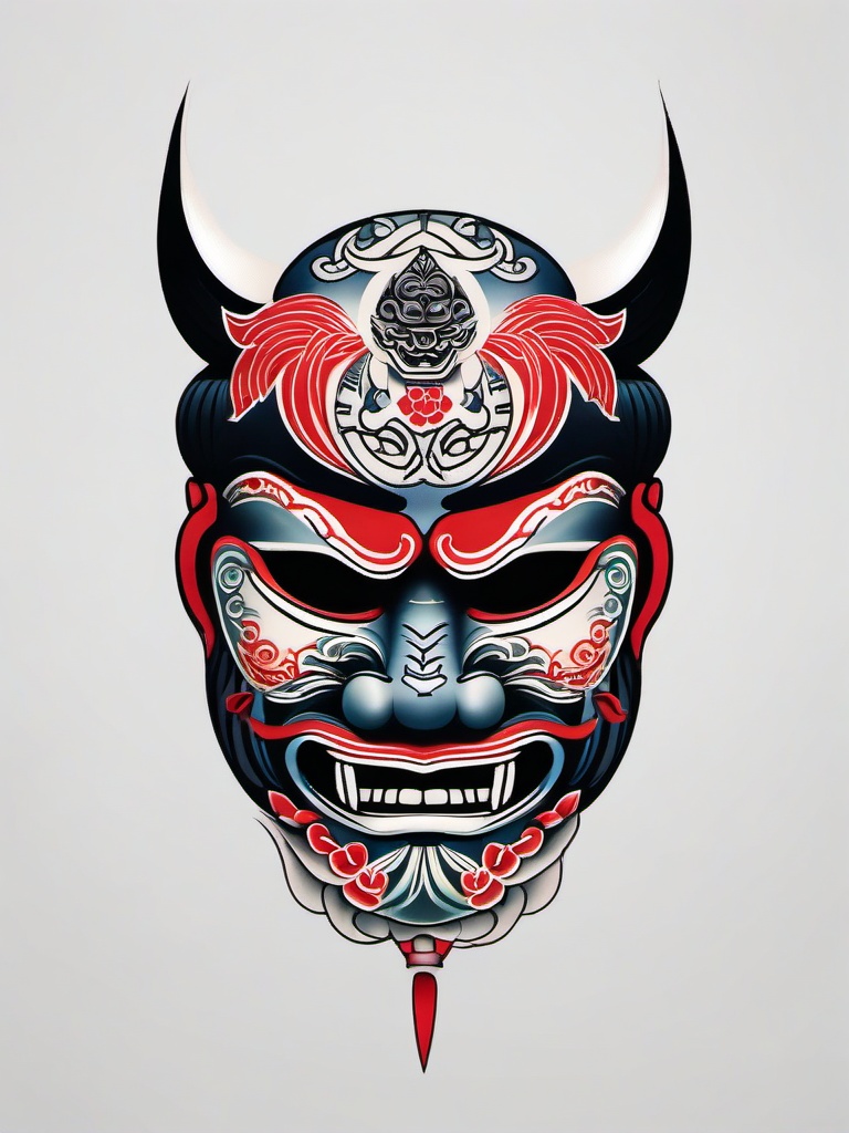 traditional japanese mask tattoo  simple color tattoo,white background,minimal