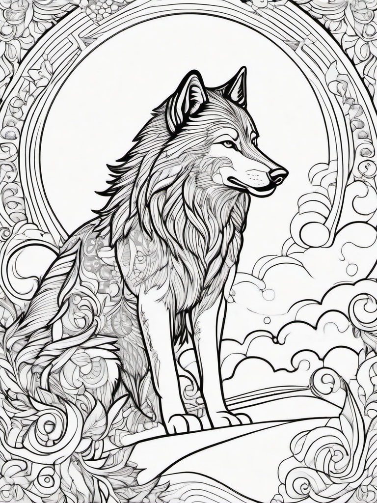 Wolf Coloring Pages - Wolf surrounded by swirling clouds and stars  simple coloring pages