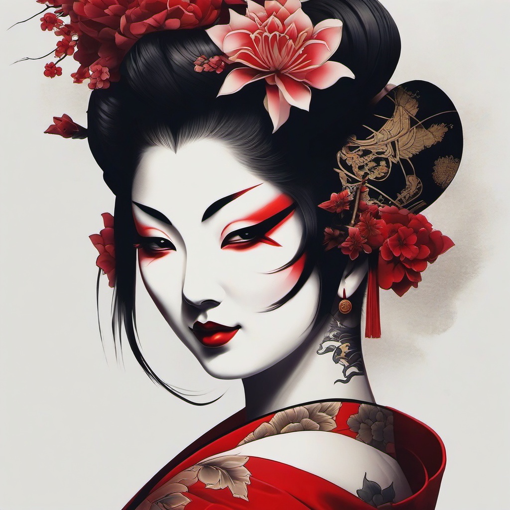 geisha with hannya mask tattoo  simple color tattoo,white background,minimal