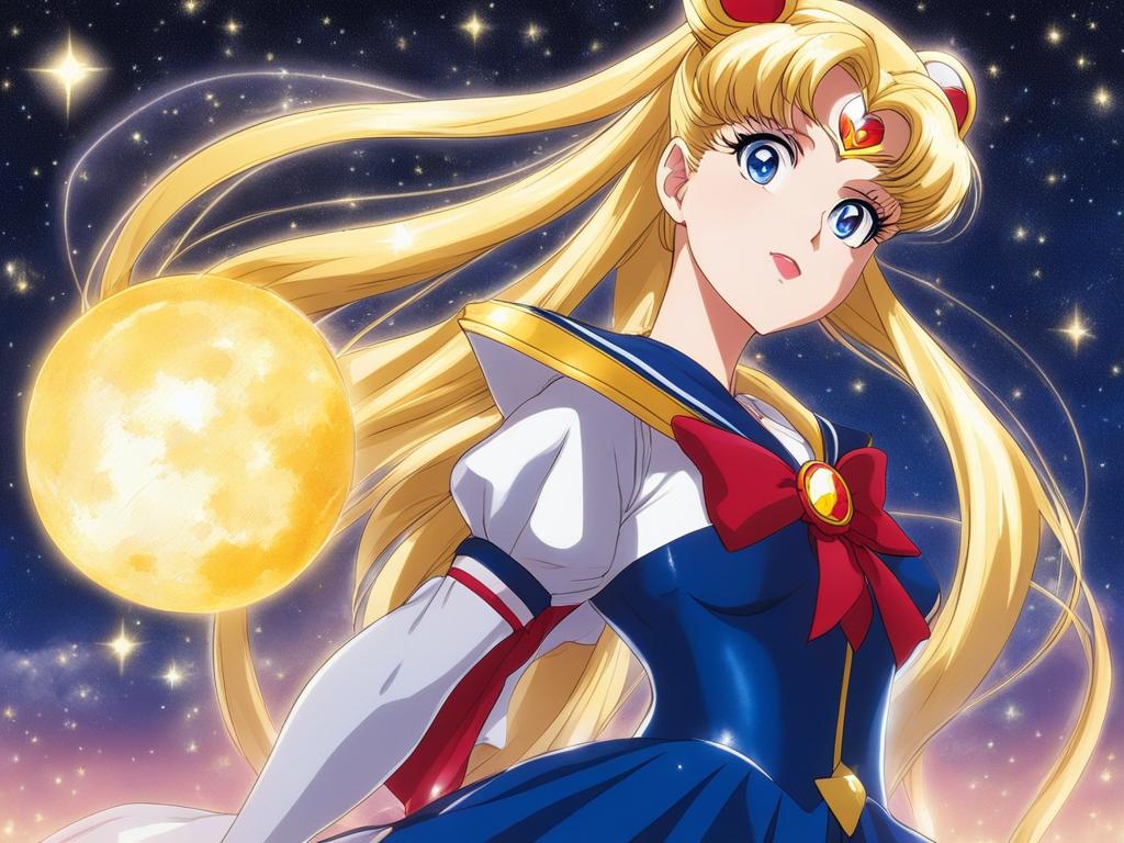 sailor moon transforms into her magical persona under a starry night sky. 