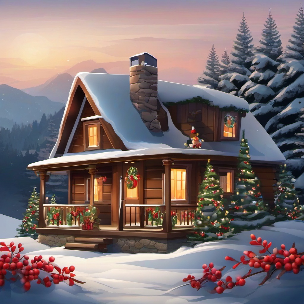 Merry Christmas clipart - cozy cabin decorated for Christmas  