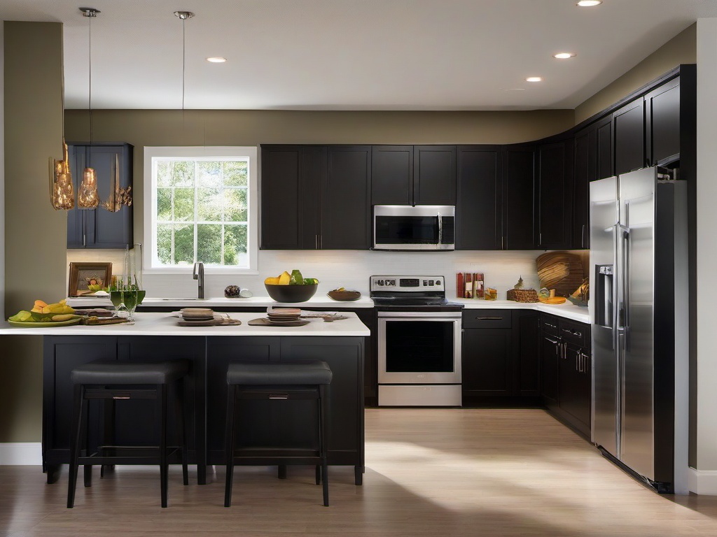 Contemporary kitchen is designed with laminate countertops, energy-efficient appliances, and an island for casual dining, perfect for family gatherings.  