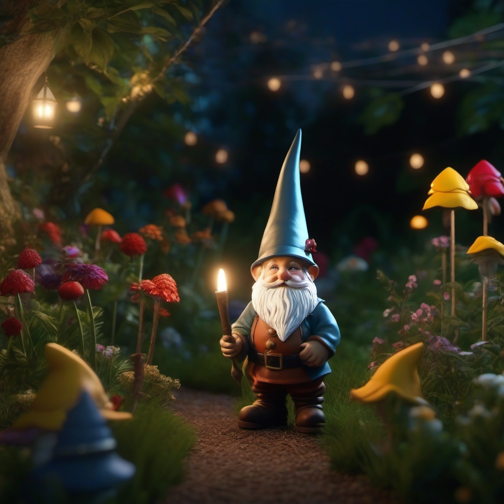 Mischievous garden gnome orchestrates a whimsical, nocturnal garden party.  8k, hyper realistic, cinematic