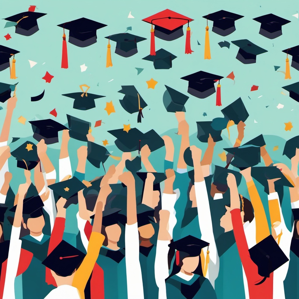 Celebration clipart - graduation ceremony with caps in the air  color,minimalist,vector clipart